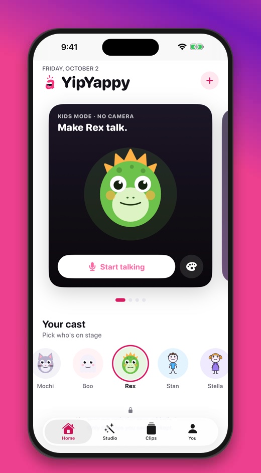 YipYappy Home with the Kids Mode card showing Rex the dino, page dots, and the cast below