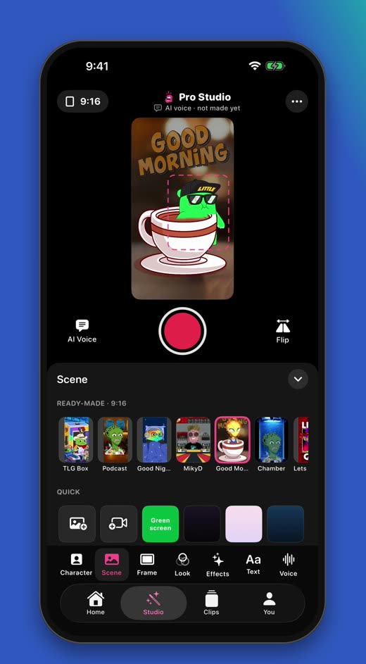 Pro Studio with a character inside a Good Morning coffee-cup scene